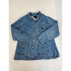 Denim & Co Womens 1X Blue Denim Chore Jacket Button Front Utility Barn Coat